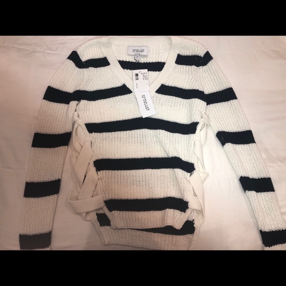 Derek Lam Lace-Up Side V Neck Striped Sweater - Picture 3 of 4